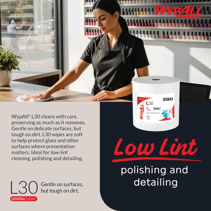 WypAll GeneralClean L30 Cloths Heavy Duty Cleaning Wipes, Jumbo (05841), Strong and Soft Bulk Paper Wipers, White (1 Roll of 875 Sheets) - Image 5